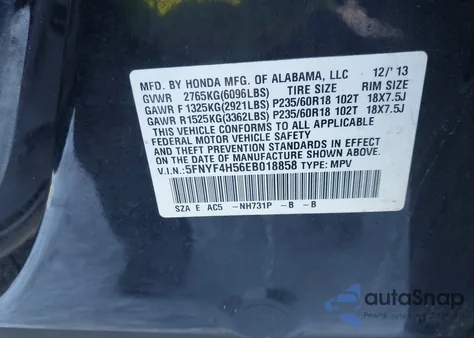 2014 Honda Pilot Ex-L z USA, uszkodzony, nr VIN 5FNYF4H56EB018858